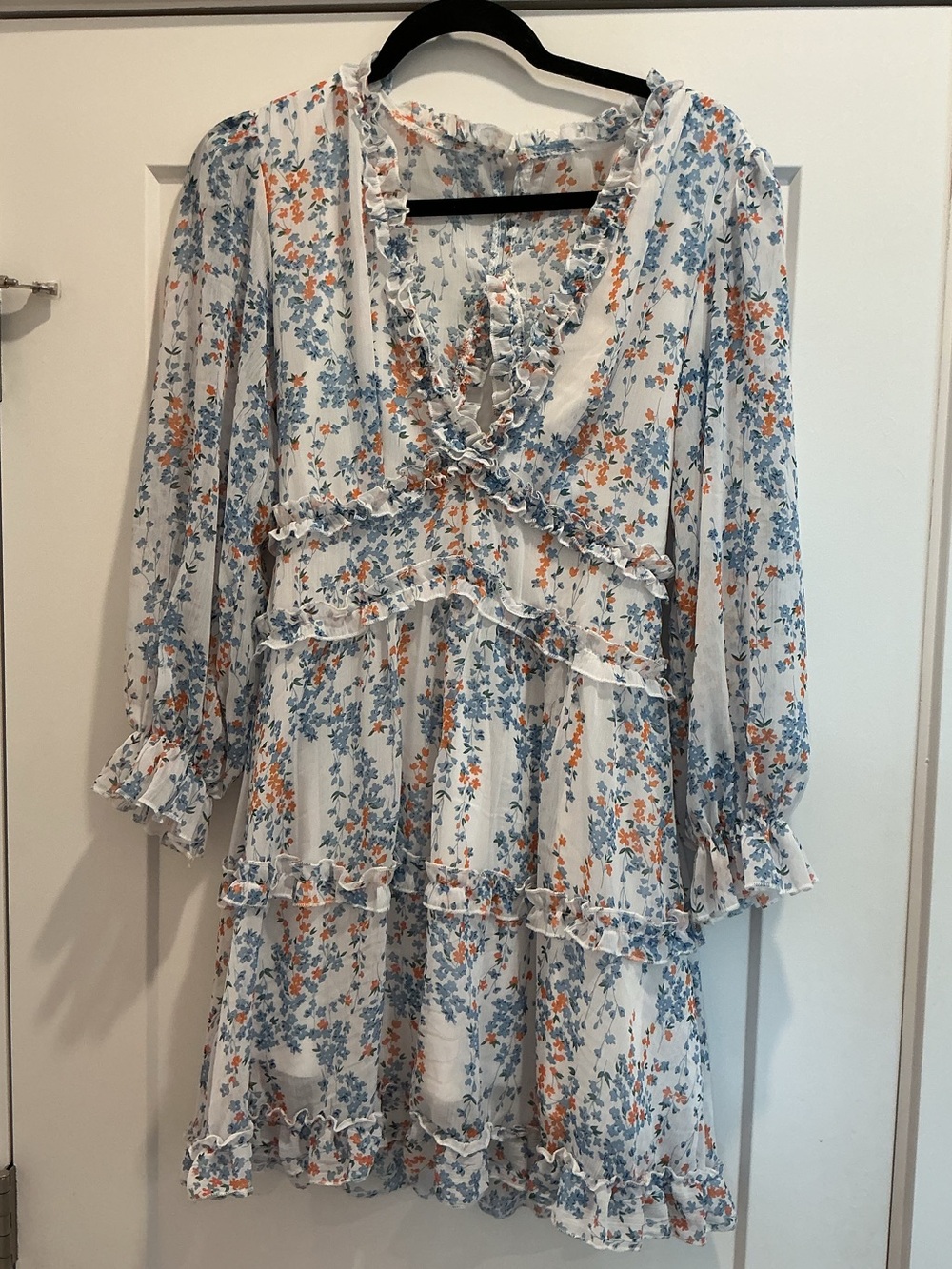 Floral Ruffle Tiered Mini Dress - Blue & Orange on White
